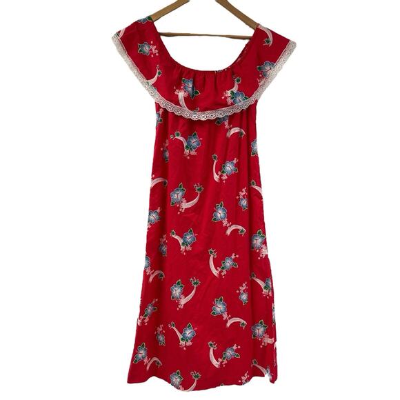 Kailua Sportswear Vintage Hawaiian Dress Off Shoulder Red Blue Hibiscus Size 10 - Picture 1 of 8